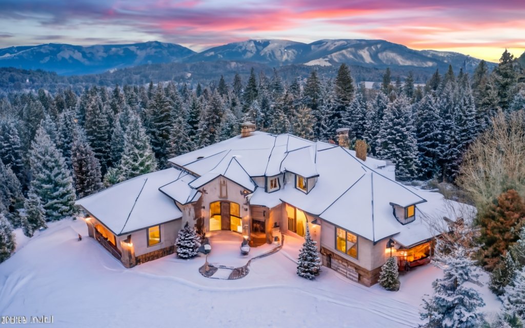 photo, ultra HD, realistic, of a luxury home aerial photograph in the snow dressed up for christmas in the pacific northwest