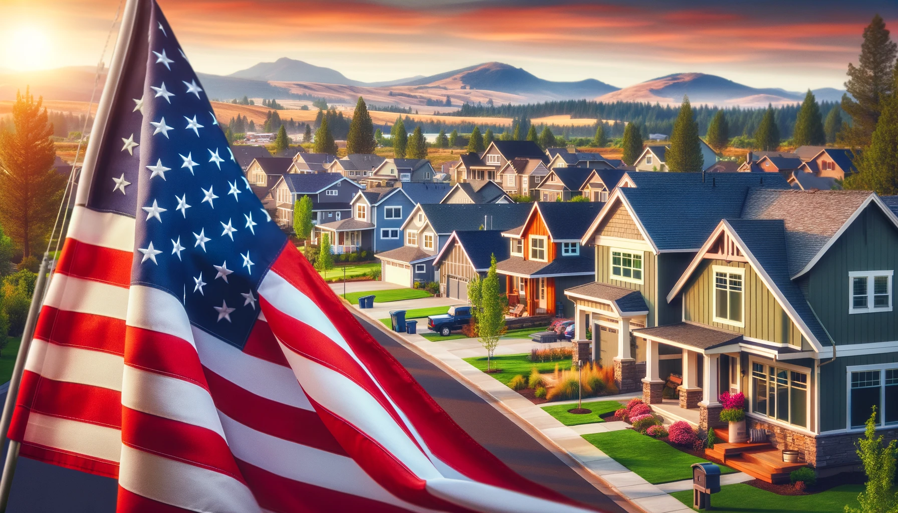 American flag and Southern Oregon neighborhood representing veterans' homeownership opportunities through VA loans on Veterans Day.