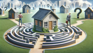 Illustration of a person at a maze entrance, looking at a house at the center, symbolizing the complex journey of home buying without a real estate agent.