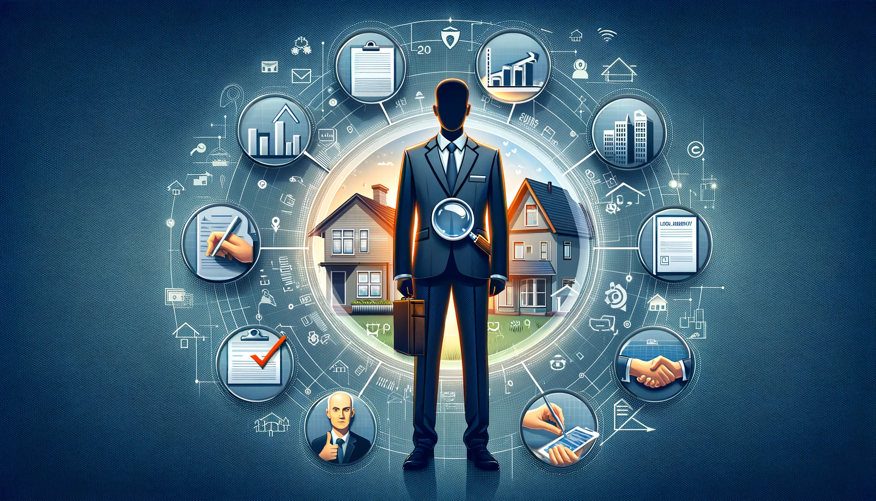 An infographic showcasing a professional real estate agent at the center of various symbolic icons, including a magnifying glass over a house, a graph, legal documents, and a handshake, representing their multifaceted roles in property evaluation, market analysis, legal advising, and negotiations in the housing market.