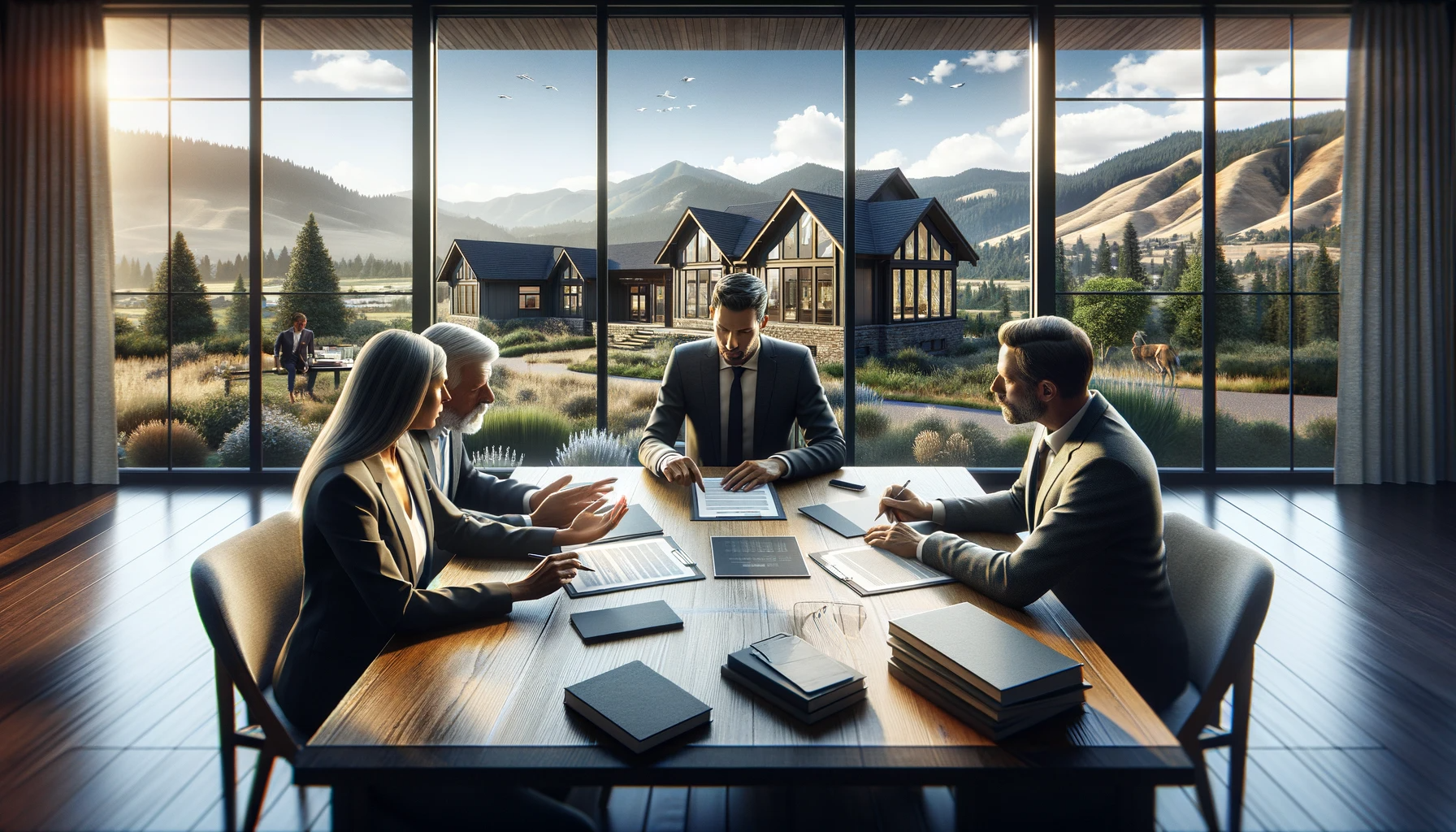 A real estate agent and clients in a focused negotiation session, with the scenic backdrop of Southern Oregon visible through the office window