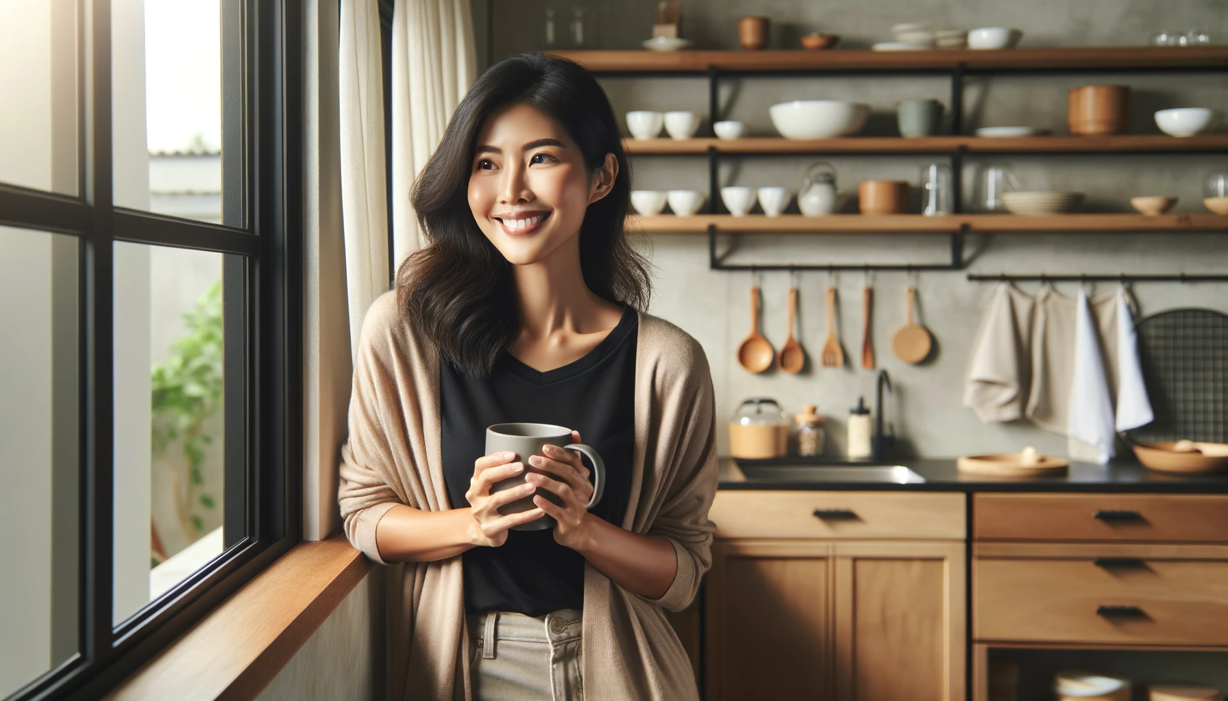 An image of a happy Asian woman standing by a window in a modern kitchen, holding a mug with both hands. She is wearing a casual black t-shirt and a brown sweater