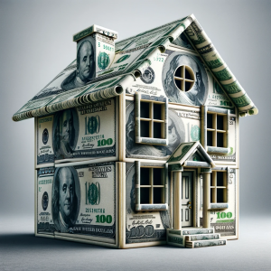 An imaginative image of a house constructed entirely out of dollar bills. The house is designed in a traditional style, complete with a roof, windows,