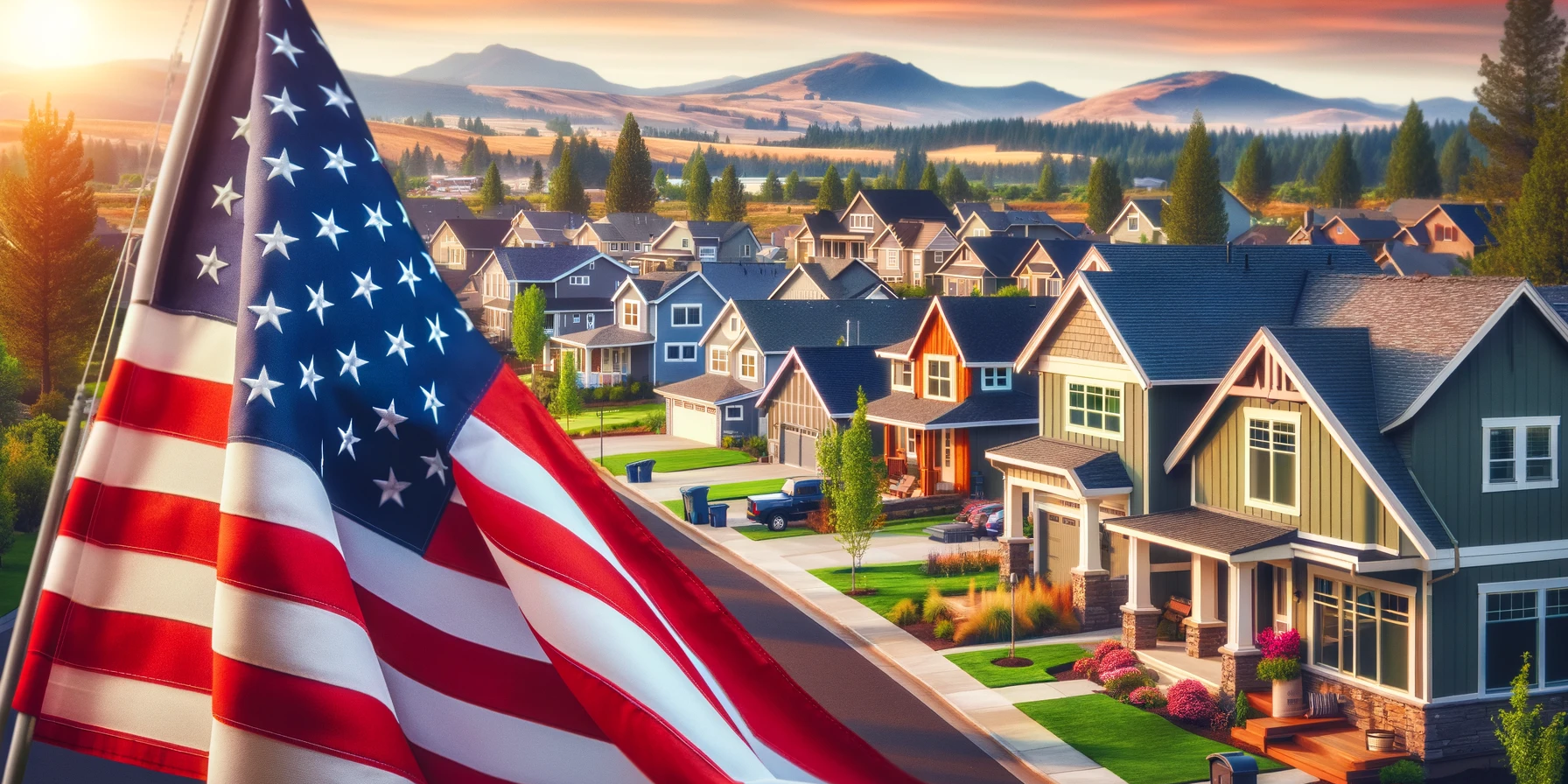 American flag and Southern Oregon neighborhood representing veterans' homeownership opportunities through VA loans on Veterans Day.